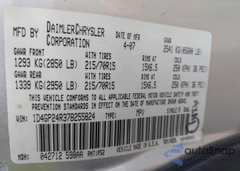 2007 Dodge Grand Caravan Se from USA, damaged, VIN 1D4GP24R37B255824